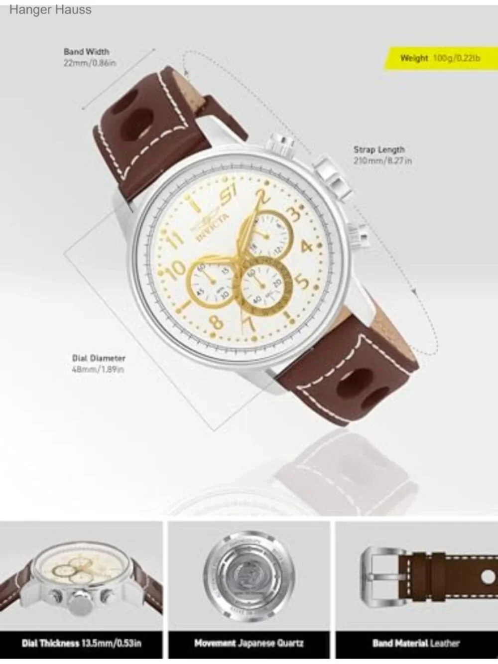 Stainless Steel Men's Quartz Watch 48mm Leather Band Chronograph